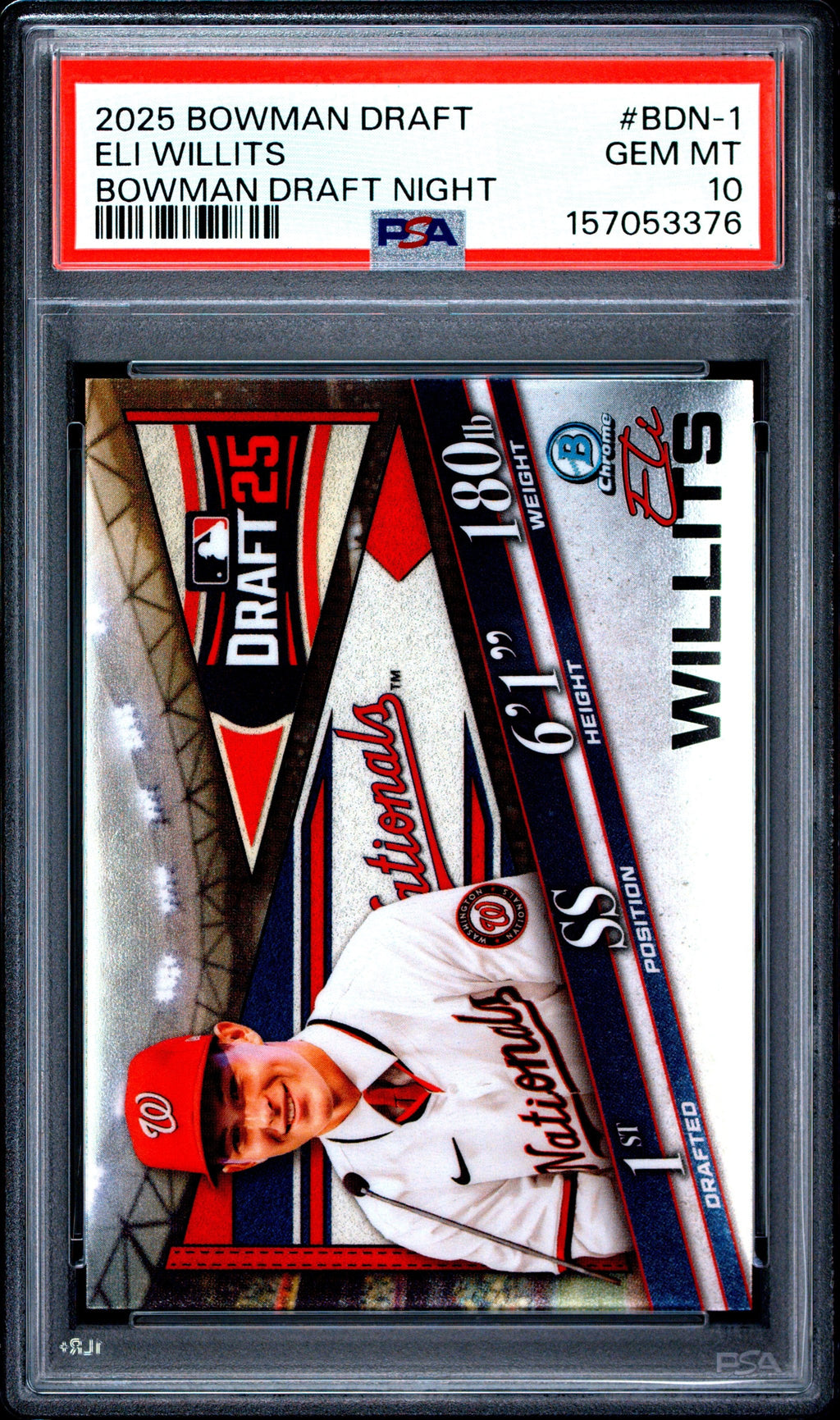 Graded 2025 Topps Bowman Draft Eli Willits #BDN1 Draft Night Rookie RC Baseball Card PSA 10 Gem Mint