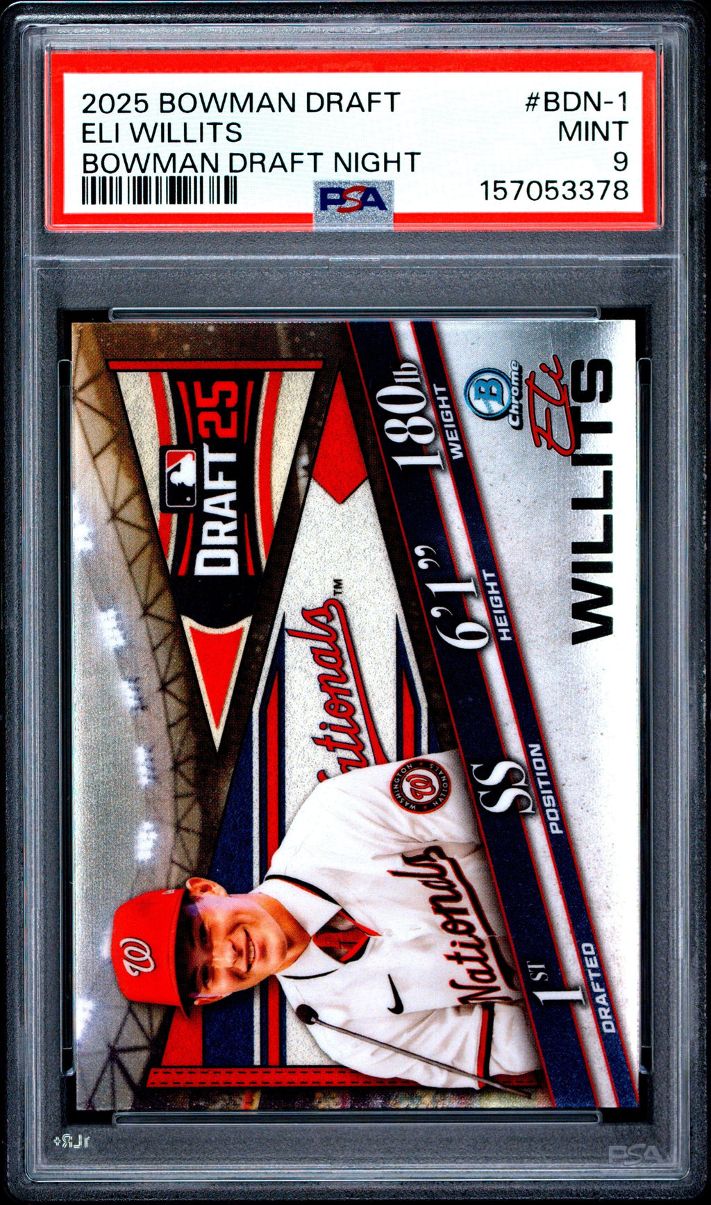 Graded 2025 Topps Bowman Draft Eli Willits #BDN1 Draft Night Rookie RC Baseball Card PSA 9 Mint