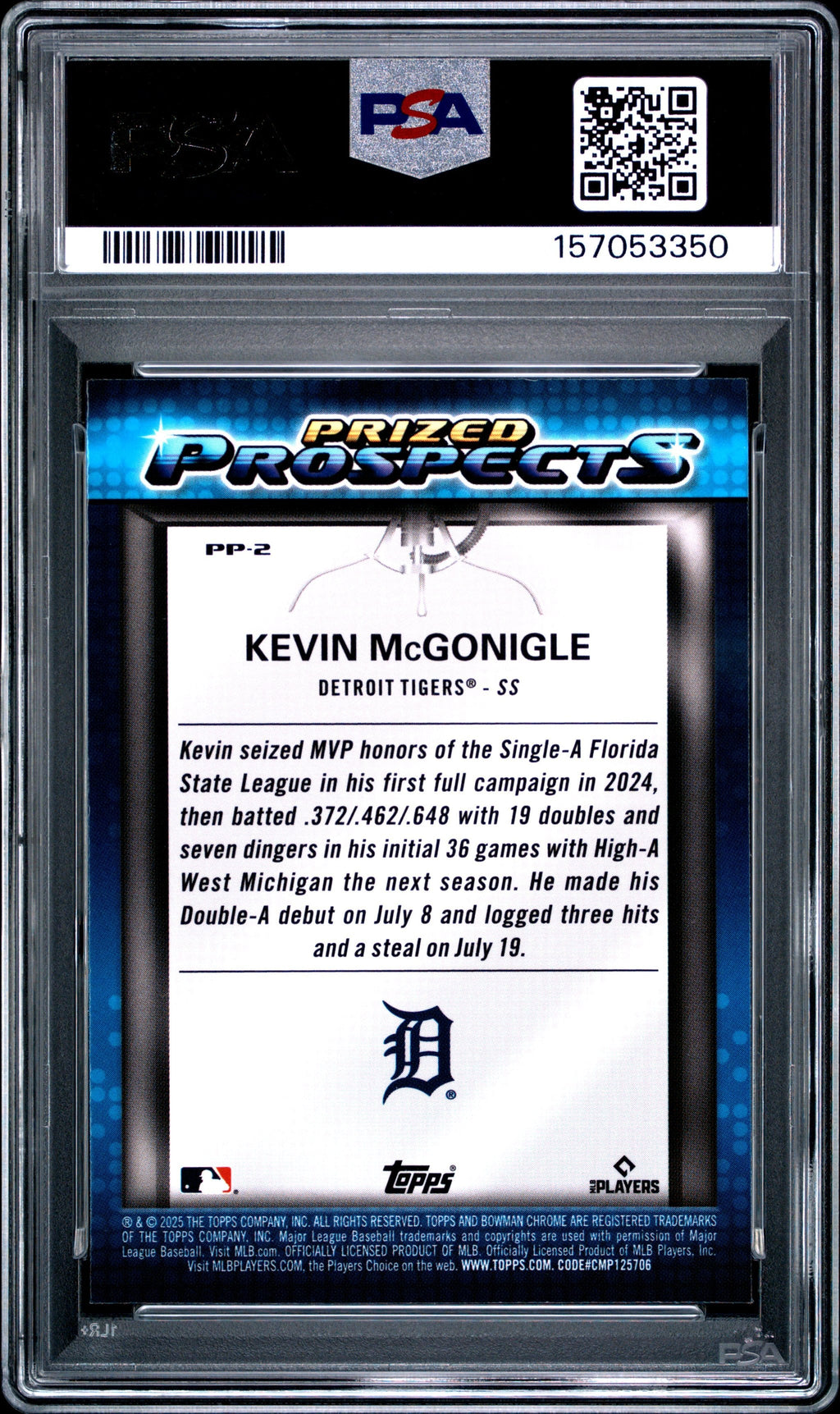 Graded 2025 Topps Bowman Draft Kevin McGonigle #PP2 Prized Prospects Rookie RC Baseball Card PSA 10 Gem Mint