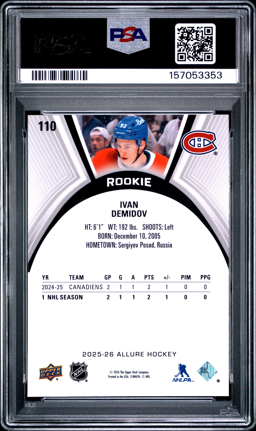 Graded 2025 Upper Deck Allure Ivan Demidov #110 Rookie RC Hockey Card PSA 10 Gem Mint