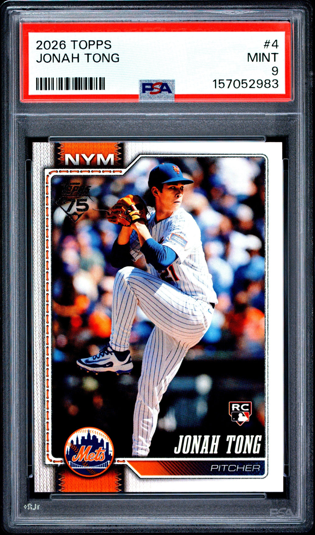 Graded 2026 Topps Jonah Tong #4 Rookie RC Baseball Card PSA 9 Mint