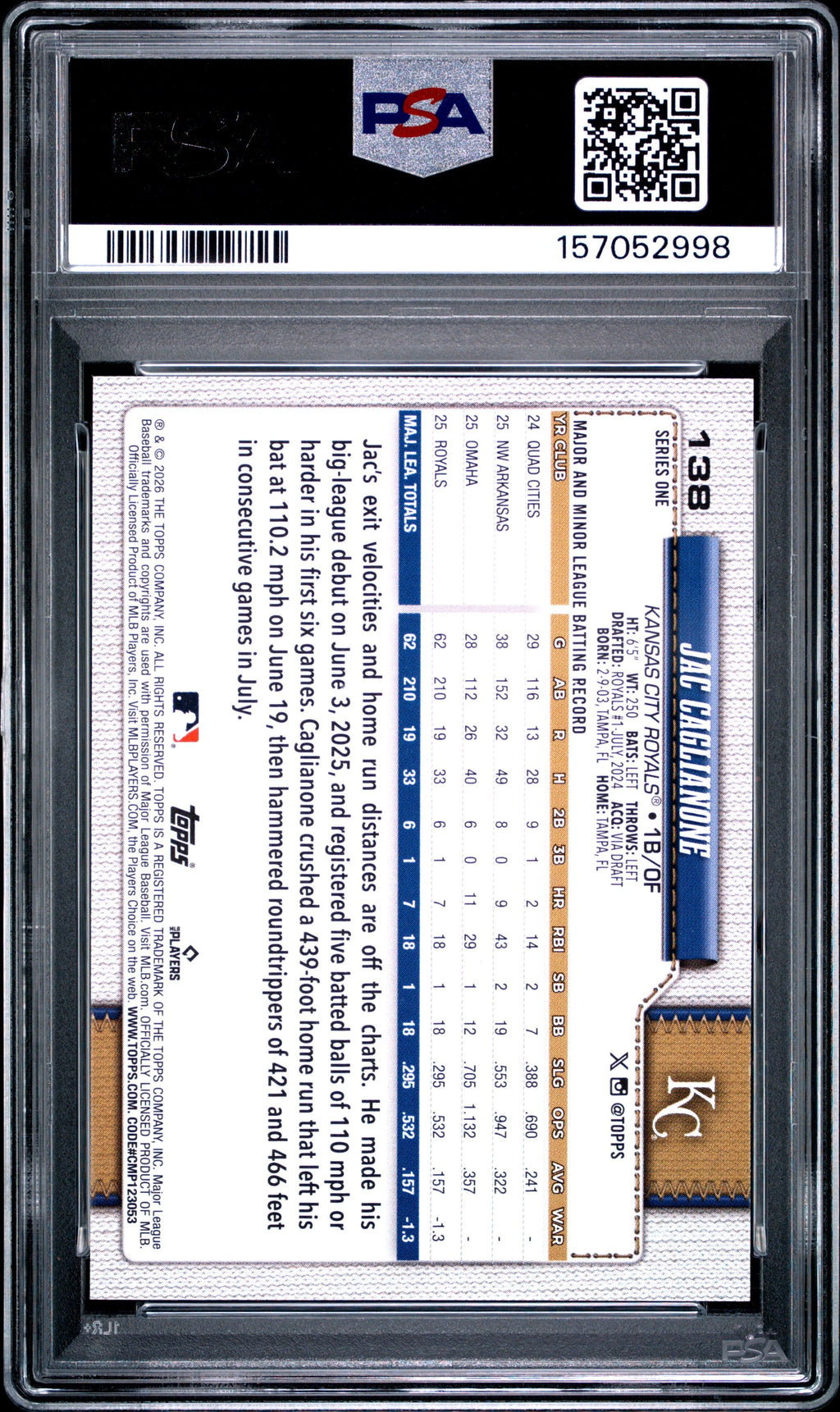 Graded 2026 Topps Jac Caglianone #138 Rookie RC Baseball Card PSA 10 Gem Mint