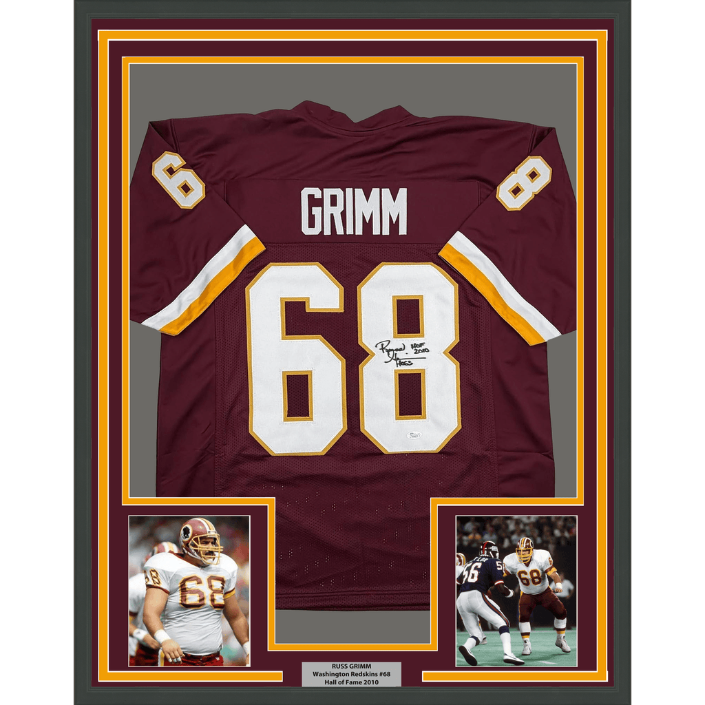 Framed Autographed/Signed Russ Grimm 35x39 HOF 2010 Washington Maroon Football Jersey JSA COA