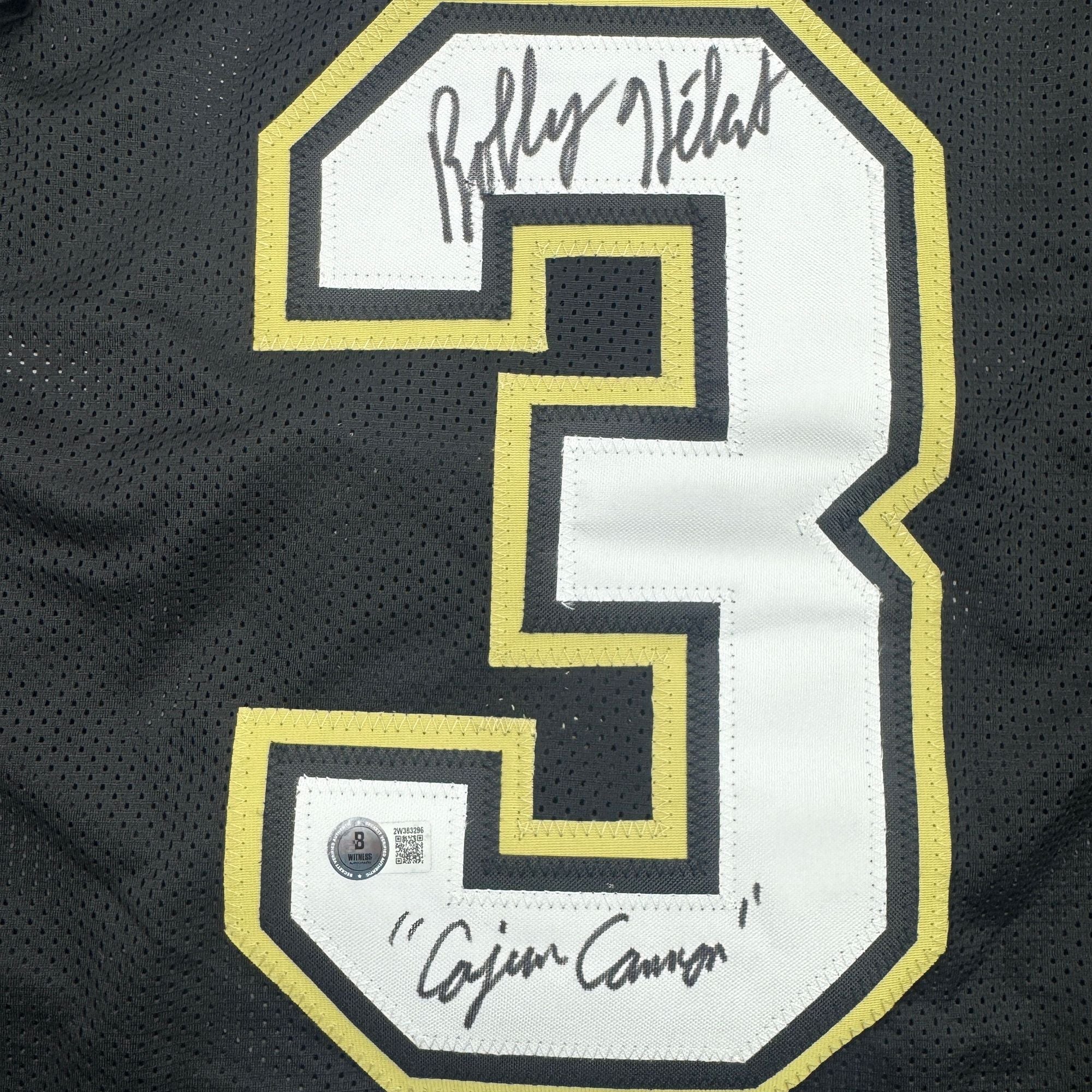 Autographed/Signed Bobby Hebert Cajun Cannon New Orleans Black Football Jersey Beckett BAS COA
