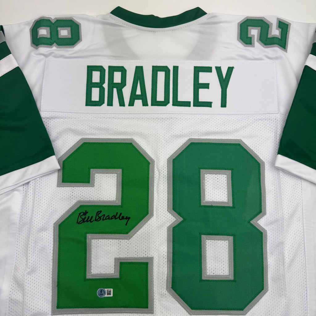 Autographed/Signed Bill Bradley Philadelphia White Football Jersey Beckett BAS COA