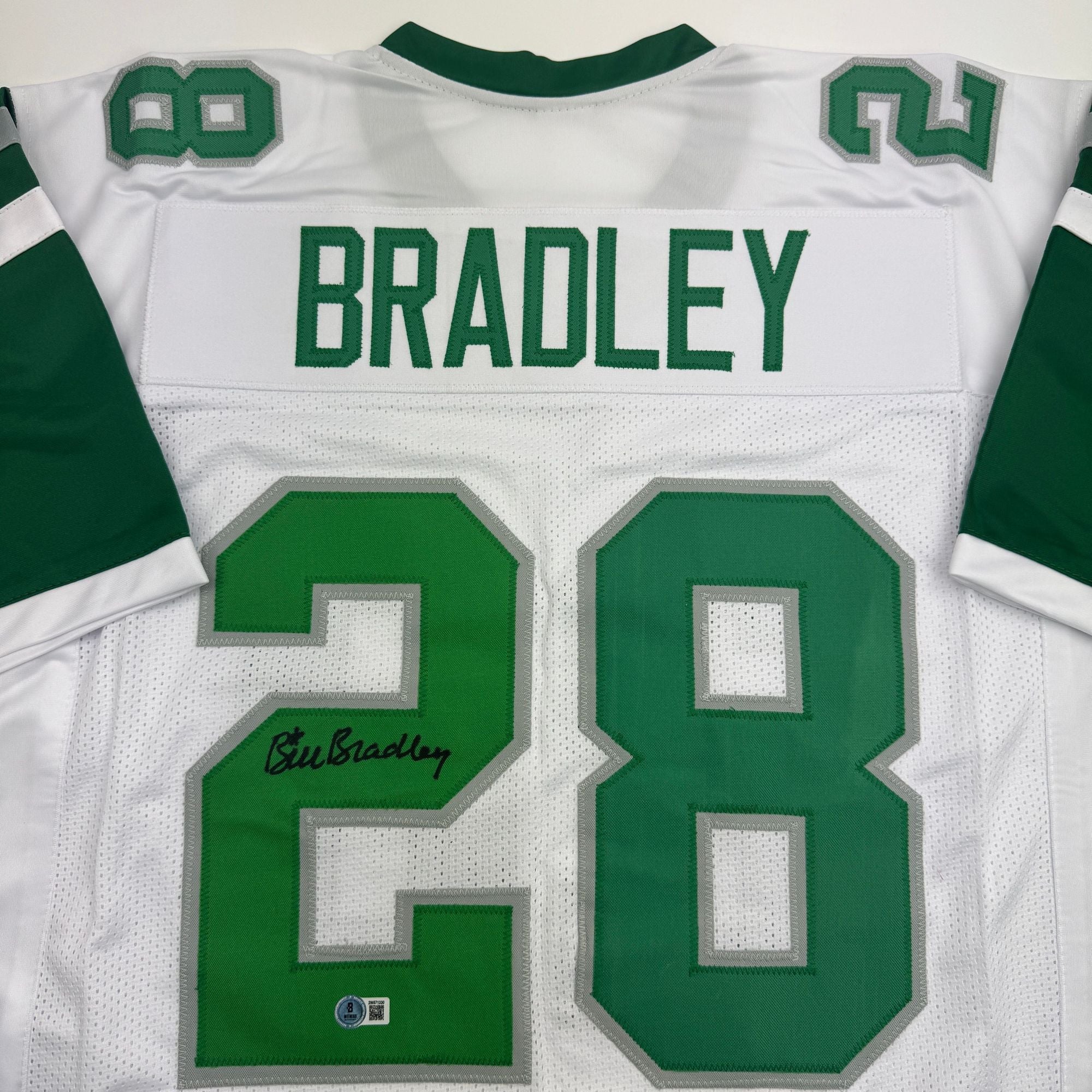 Autographed/Signed Bill Bradley Philadelphia White Football Jersey Beckett BAS COA