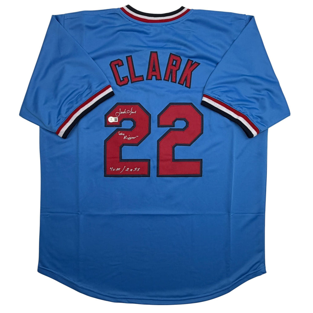 Autographed/Signed Jack Clark St. Louis Blue Baseball Jersey Beckett BAS COA
