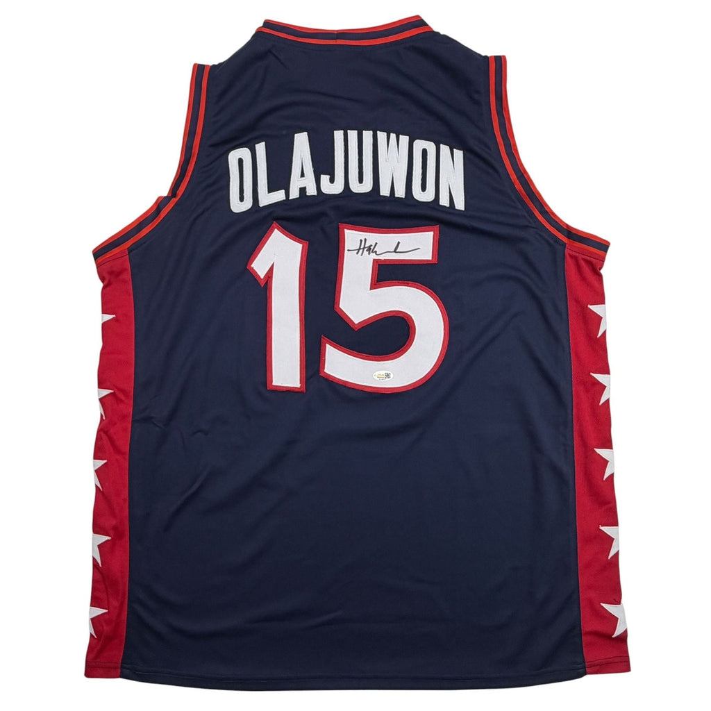 Autographed/Signed Hakeem Olajuwon United States USA Olympics Blue Basketball Jersey JSA COA
