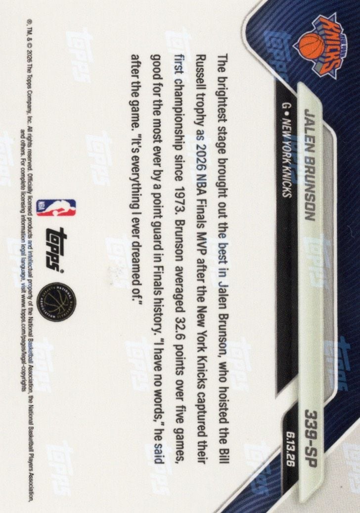 2025 Topps Now Jalen Brunson #339SP 2026 NBA Finals Most Valuable Player New York Knicks Basketball Card