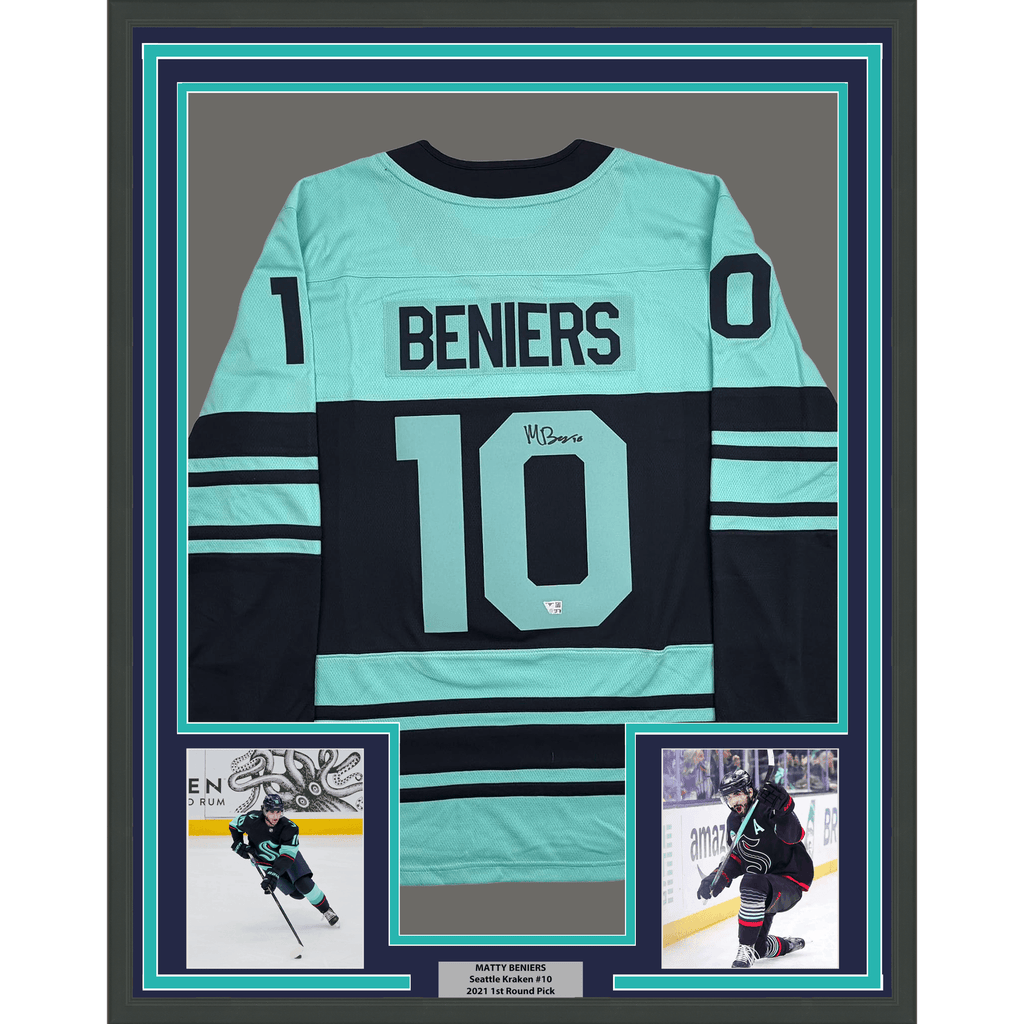 Framed Autographed/Signed Matty Beniers 35x39 Seattle Kraken Blue Authentic Hockey Jersey Fanatics COA