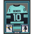 Framed Autographed/Signed Matty Beniers 35x39 Seattle Kraken Blue Authentic Hockey Jersey Fanatics COA