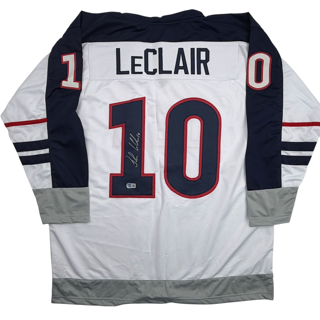 Autographed/Signed John LeClair United States Team USA White Hockey Jersey Beckett BAS COA