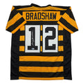 Autographed/Signed Terry Bradshaw Pittsburgh Bumble Bee Football Jersey Beckett BAS COA