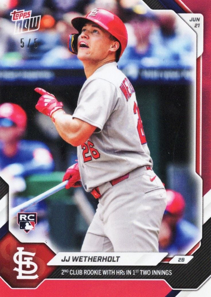 2026 Topps Now JJ Wetherholt #362 Red Foil /5 2nd Club Rookie with Home Runs in 1st Two Innings St Louis Cardinals Rookie RC Baseball Card