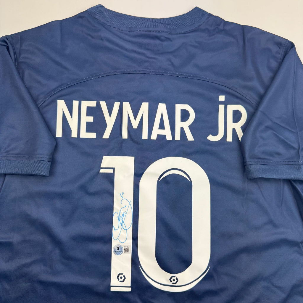 Autographed/Signed Neymar Jr. PSG Paris Saint-Germain Blue Soccer Futbol Jersey Beckett BAS COA