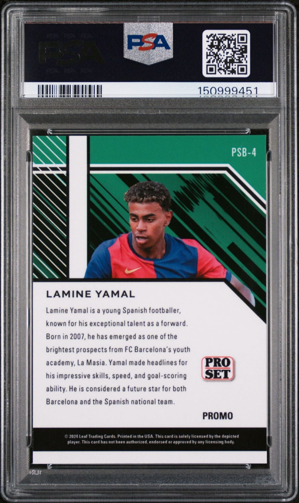Graded 2024 Leaf Collective Promo Lamine Yamal #PSB4 Pro Set Light Blue Shimmer Soccer Card PSA 10 Gem Mint