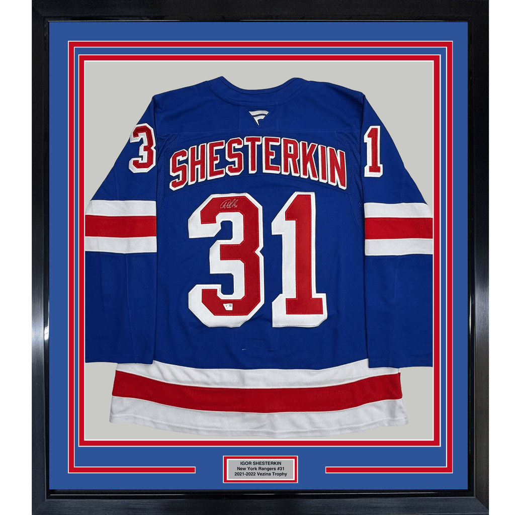 Framed Autographed/Signed 35x39 Igor Shesterkin New York Rangers Blue Authentic Hockey Jersey Fanatics COA