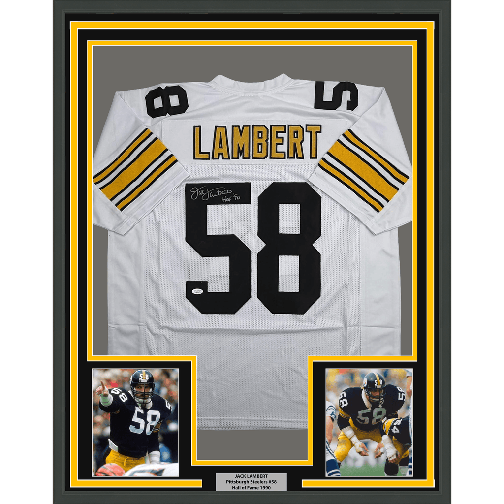 Framed Autographed/Signed Jack Lambert 35x39 Pittsburgh White Football Jersey JSA COA