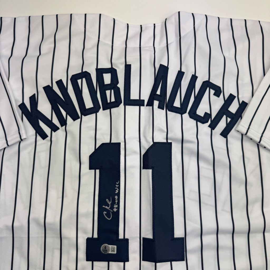 Autographed/Signed Chuck Knoblauch "98-00 WSC" New York Pinstripe Baseball Jersey Beckett BAS COA