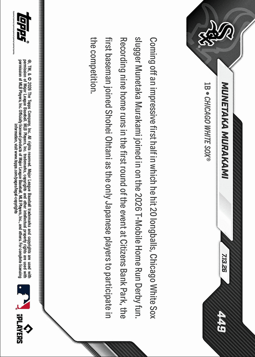 2026 Topps Now Munetaka Murakami #449 2nd Japan Native Ever in Home Run Derby Chicago White Sox Rookie RC Baseball Card