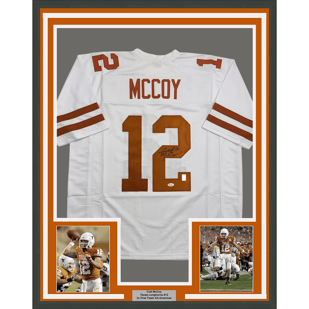 Framed Autographed/Signed Colt McCoy 35x39 Texas White College Football Jersey JSA COA