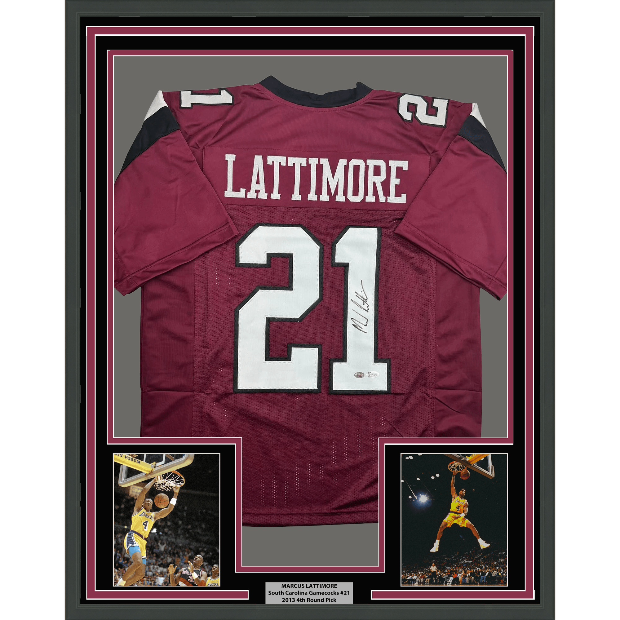 Framed Autographed/Signed Marcus Lattimore 35x39 South Carolina Maroon College Football Jersey JSA COA