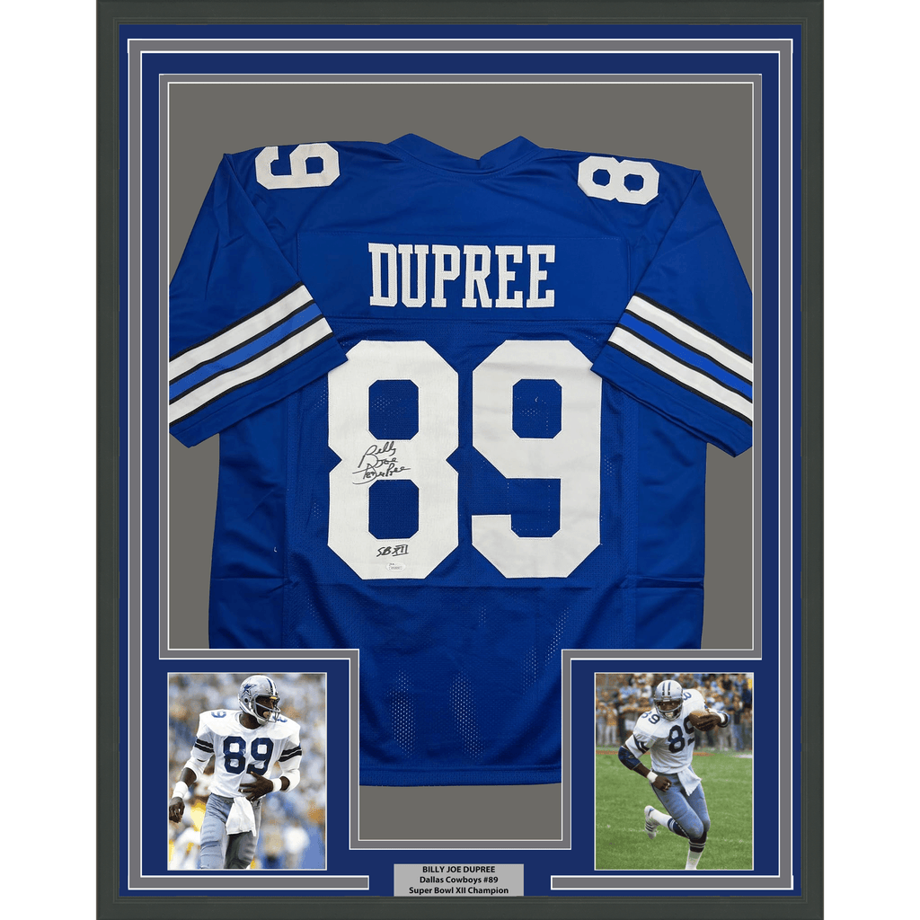 Framed Autographed/Signed Billy Joe DuPree 35x39 SB XII Dallas Blue Football Jersey JSA COA