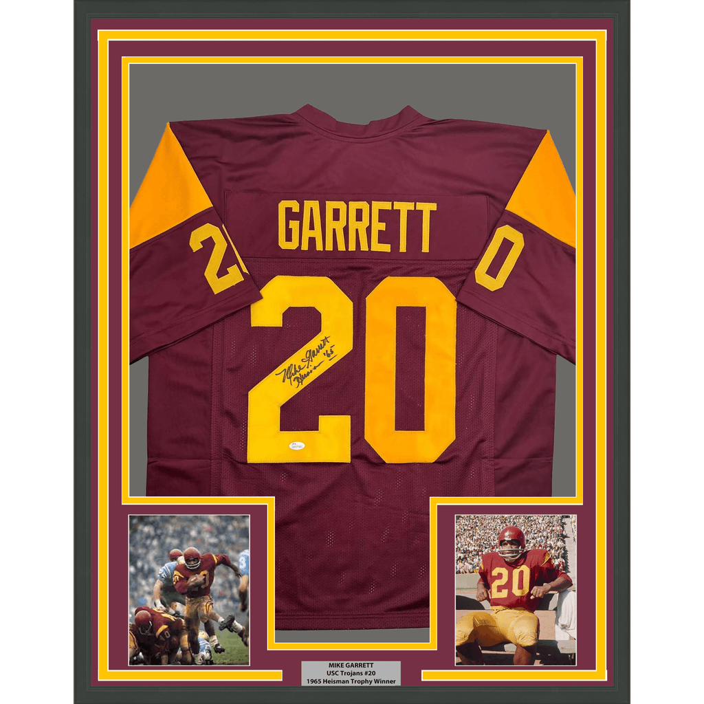 Framed Autographed/Signed Mike Garrett 35x39 Heisman 65 USC Southern Cal Red College Football Jersey JSA COA