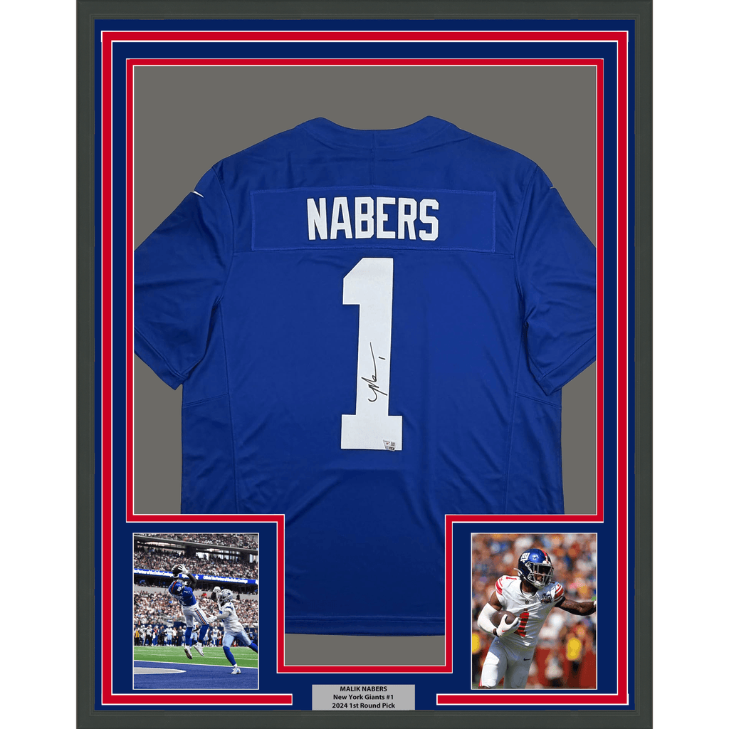 Framed Autographed/Signed Malik Nabers 35x39 New York Giants Blue Authentic Football Jersey Fanatics COA