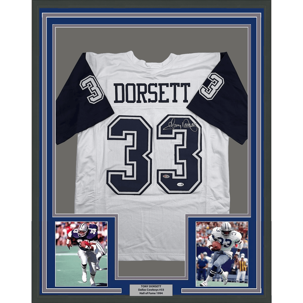 Framed Autographed/Signed Tony Dorsett 35x39 Dallas White Color Rush Football Jersey JSA COA