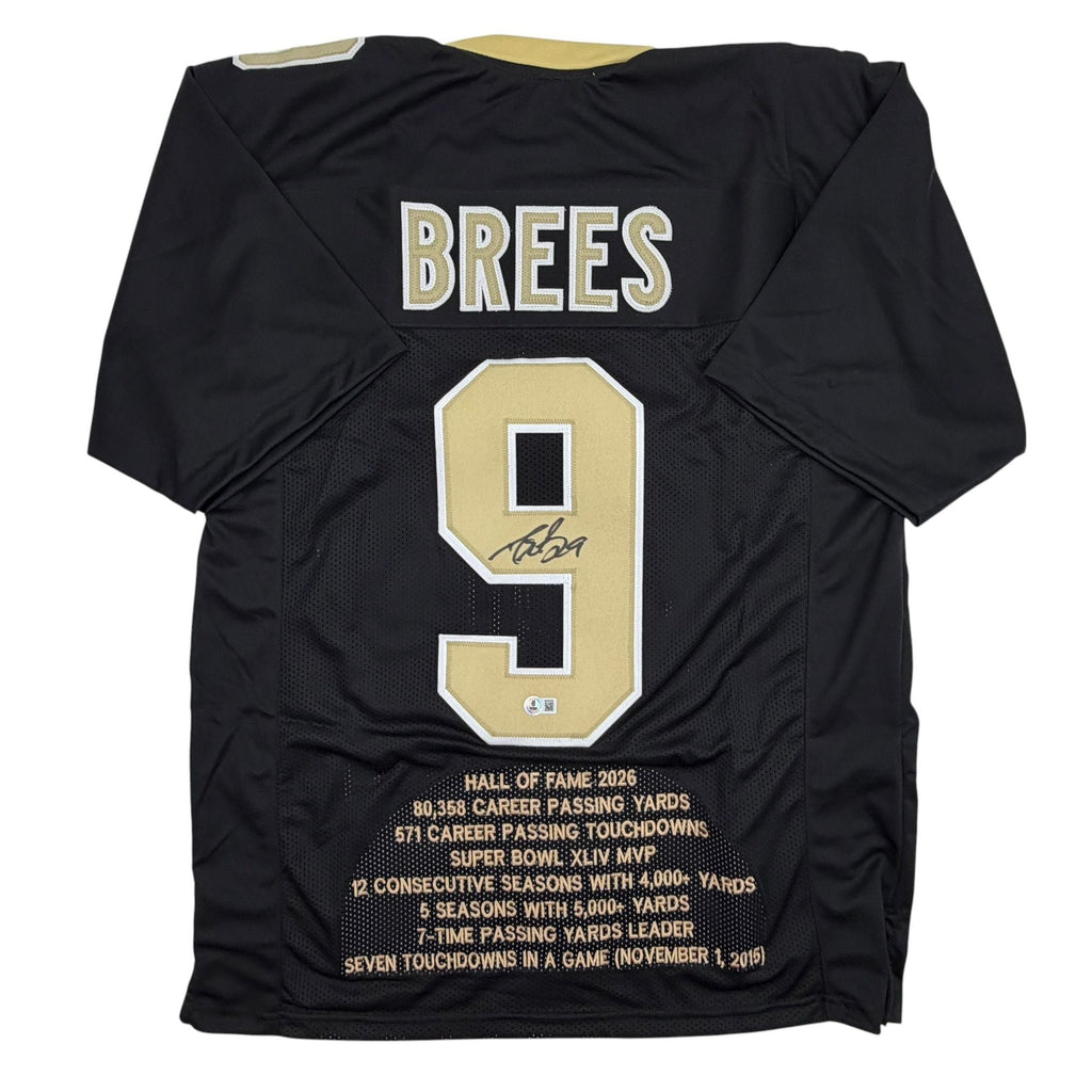 Autographed/Signed Drew Brees New Orleans Black Stat Football Jersey Beckett BAS COA