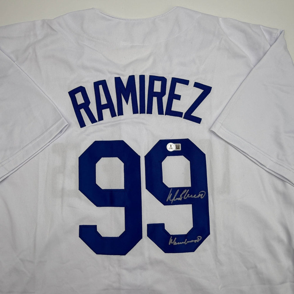Autographed/Signed Manny Ramirez MannyWood Los Angeles White Baseball Jersey Beckett BAS COA