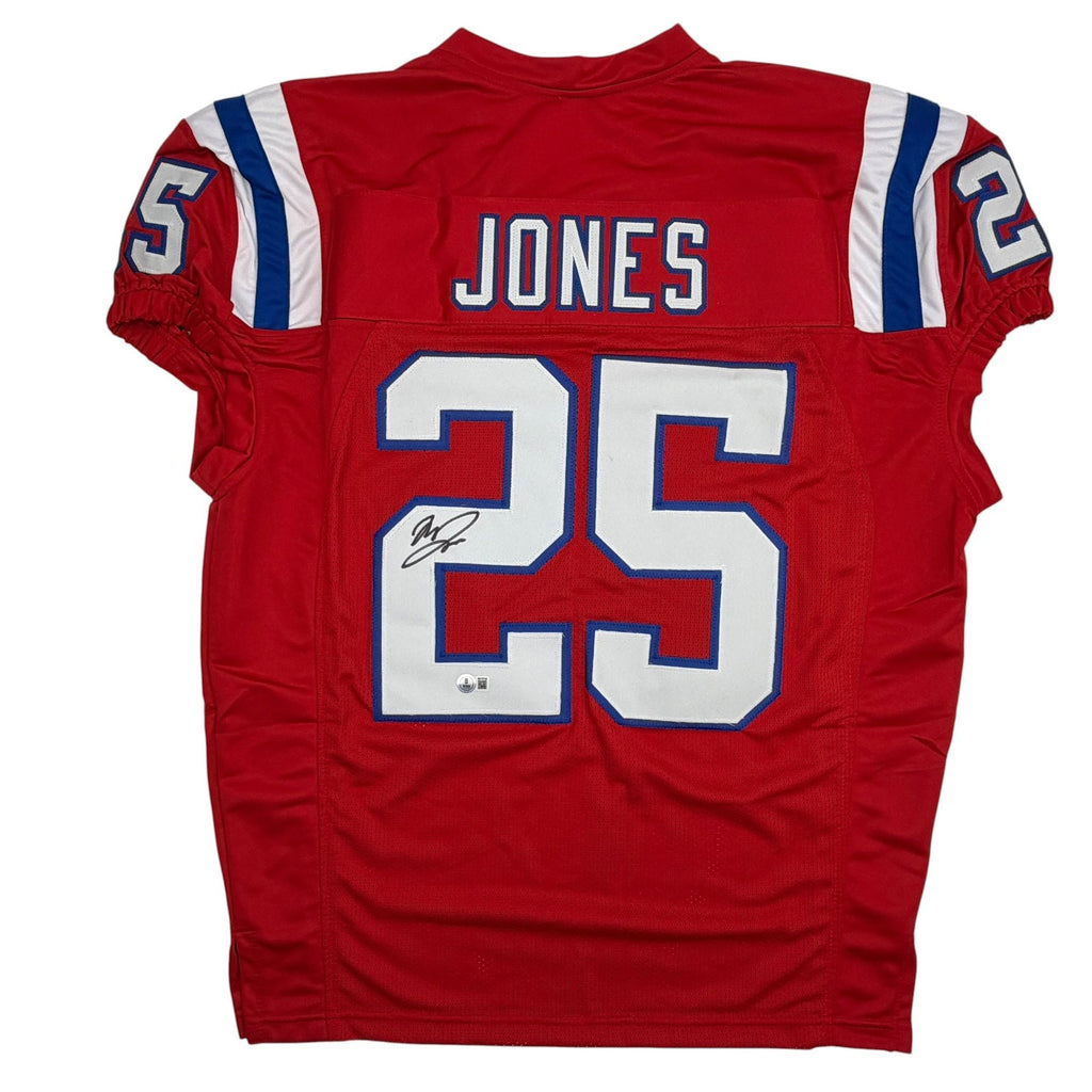 Autographed/Signed Marcus Jones New England Red Pro Cut Football Jersey Beckett BAS COA