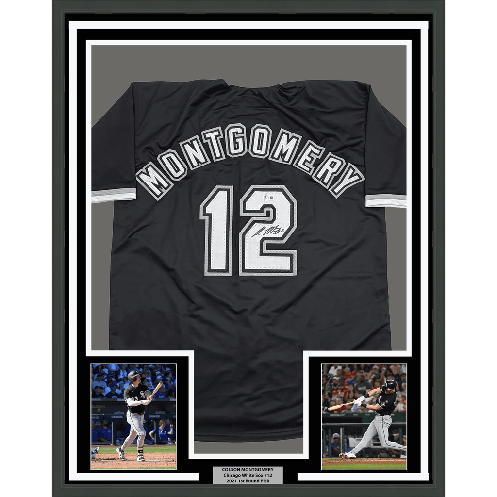 Framed Autographed/Signed Colson Montgomery 35x39 Chicago Black Baseball Jersey Beckett BAS COA