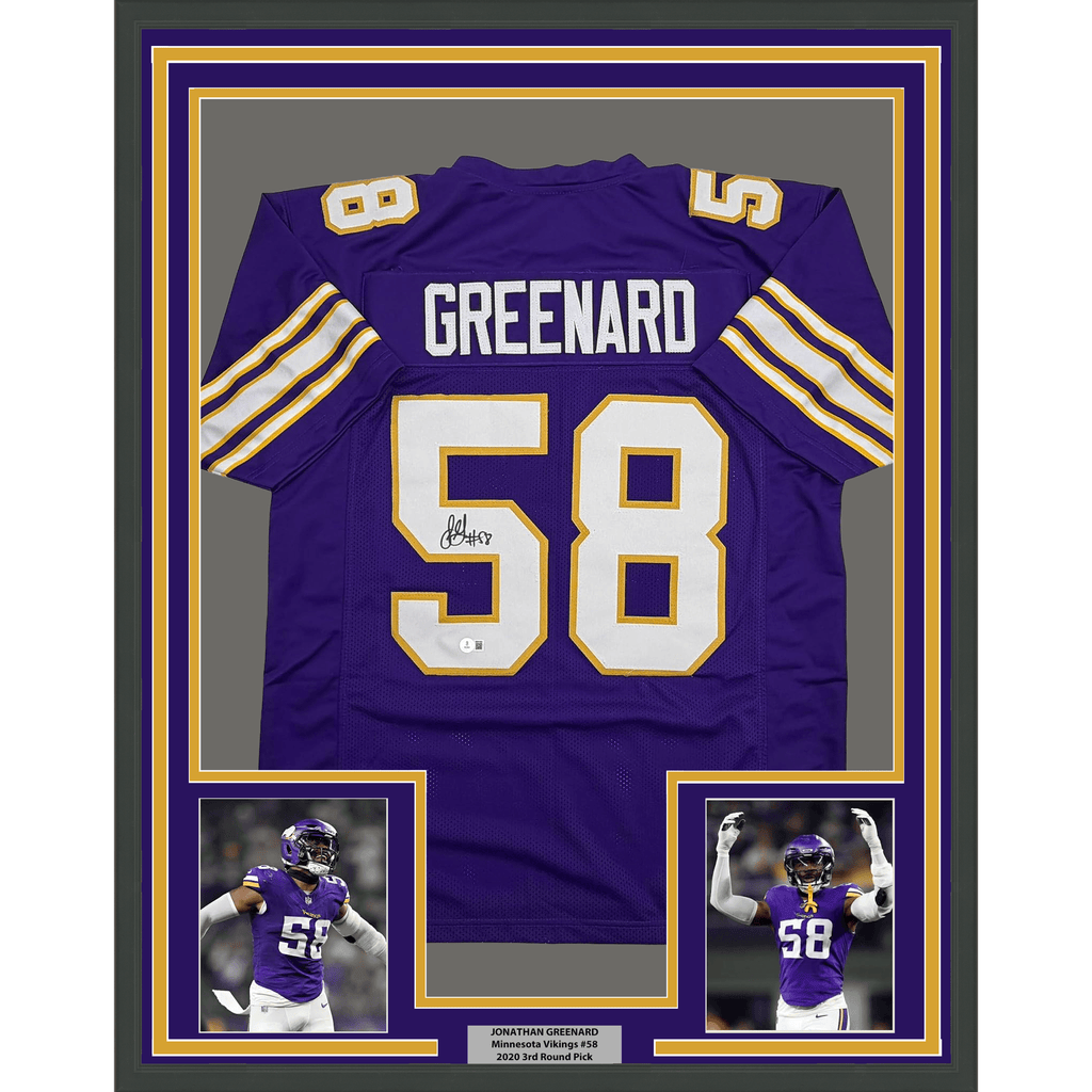 Framed Autographed/Signed Jonathan Greenard 35x39 Minnesota Purple Retro Football Jersey Beckett BAS COA