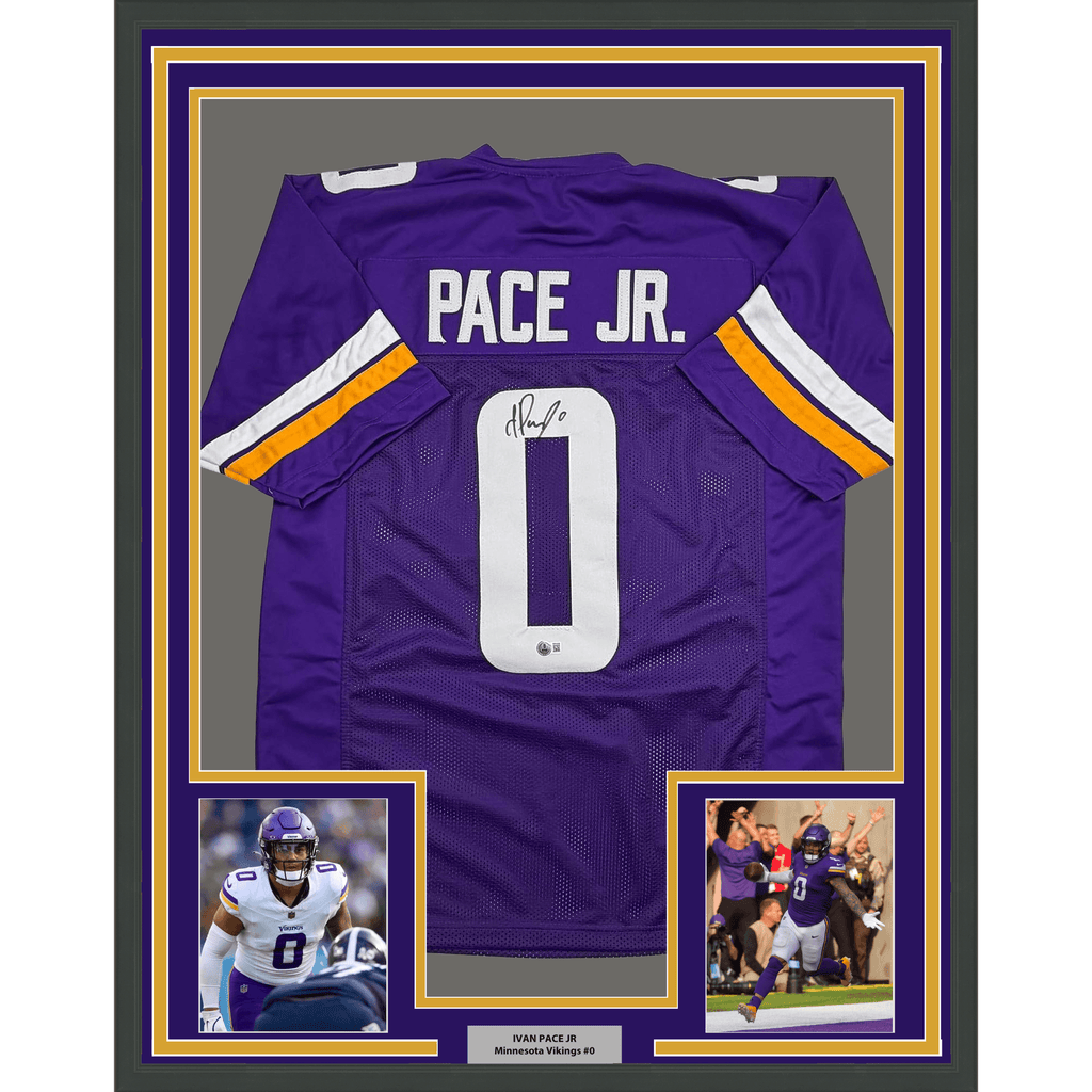 Framed Autographed/Signed Ivan Pace Jr. 35x39 Minnesota Purple Football Jersey Beckett BAS COA