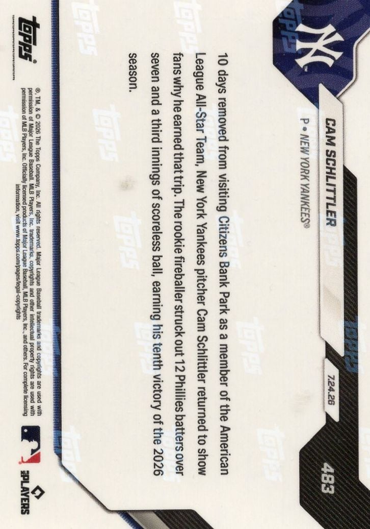 2026 Topps Now Cam Schlittler #483 Gold Foil /50 10th Victory of Season Comes with Dozen Ks New York Yankees Rookie RC Baseball Card