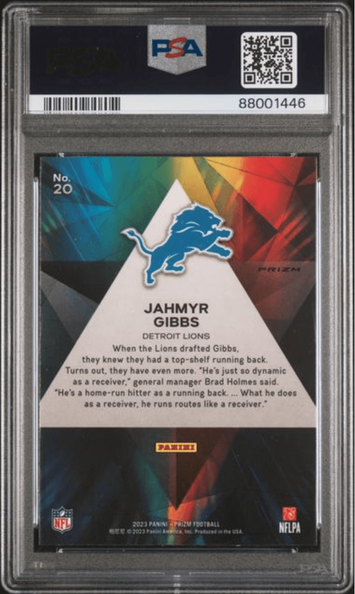 Graded 2023 Panini Prizm Jahmyr Gibbs #20 Prizmatic Green Wave Rookie RC Football Card PSA 10 Gem Mint