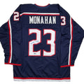 Autographed/Signed Sean Monahan Columbus Blue Hockey Jersey Beckett BAS COA