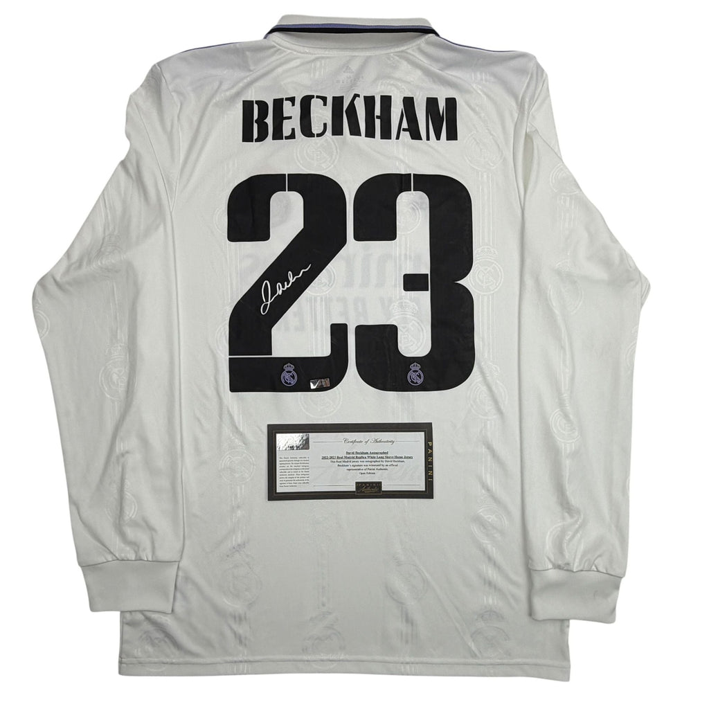 Autographed/Signed David Beckham Real Madrid White Soccer Jersey Panini Authentic COA