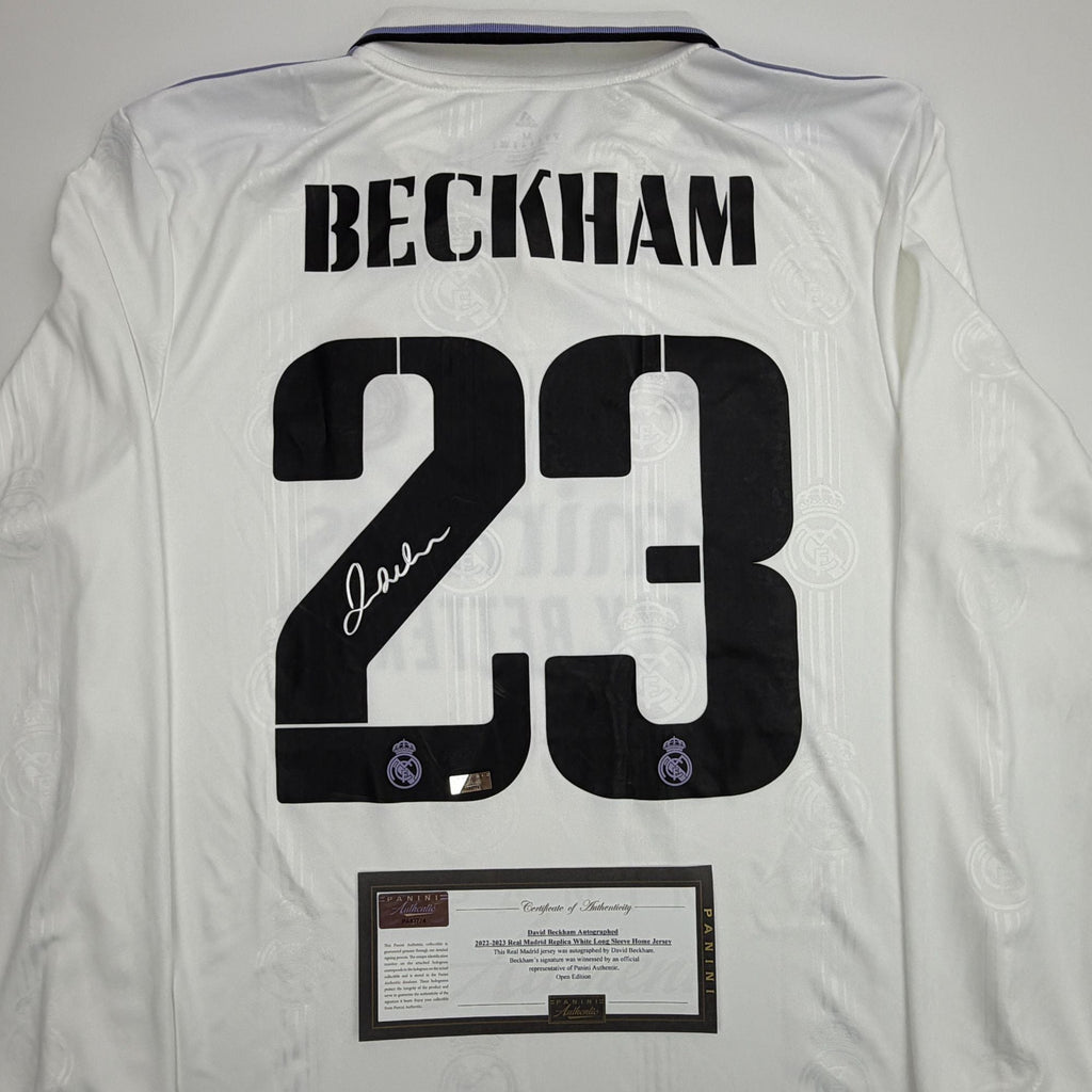 Autographed/Signed David Beckham Real Madrid White Soccer Jersey Panini Authentic COA