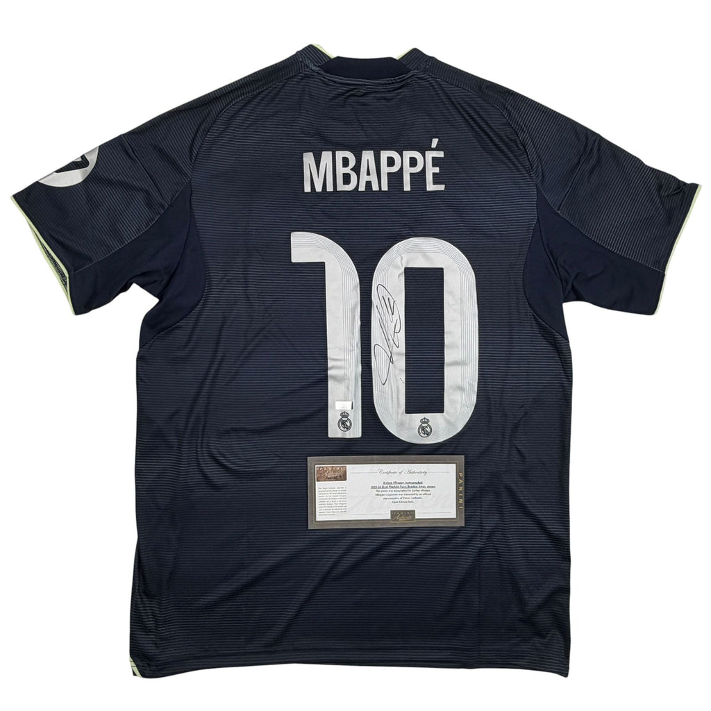 Autographed/Signed Kylian Mbappe Real Madrid Navy Blue Soccer Jersey Panini Authentic COA