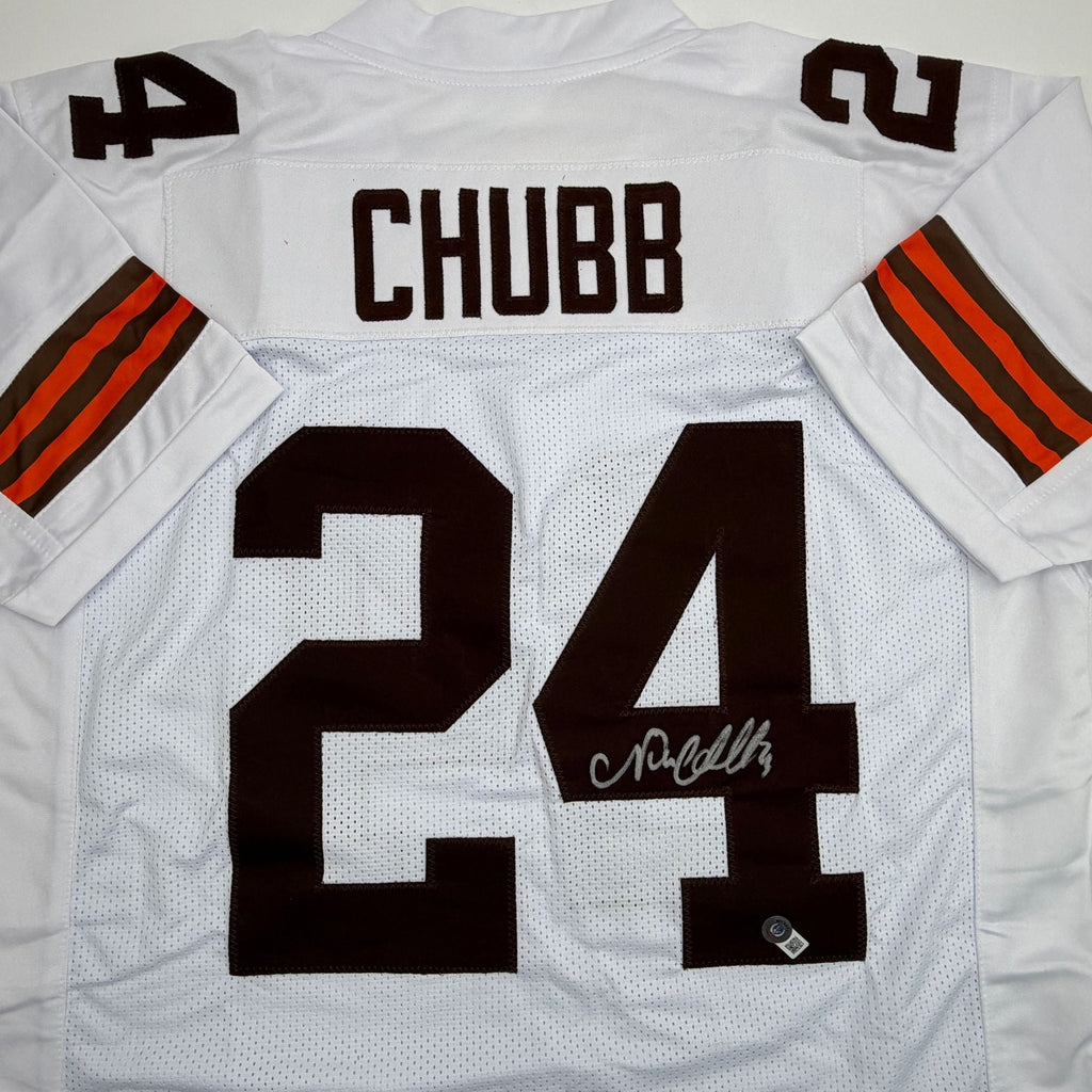 Autographed/Signed Nick Chubb Cleveland White Football Jersey Beckett BAS COA