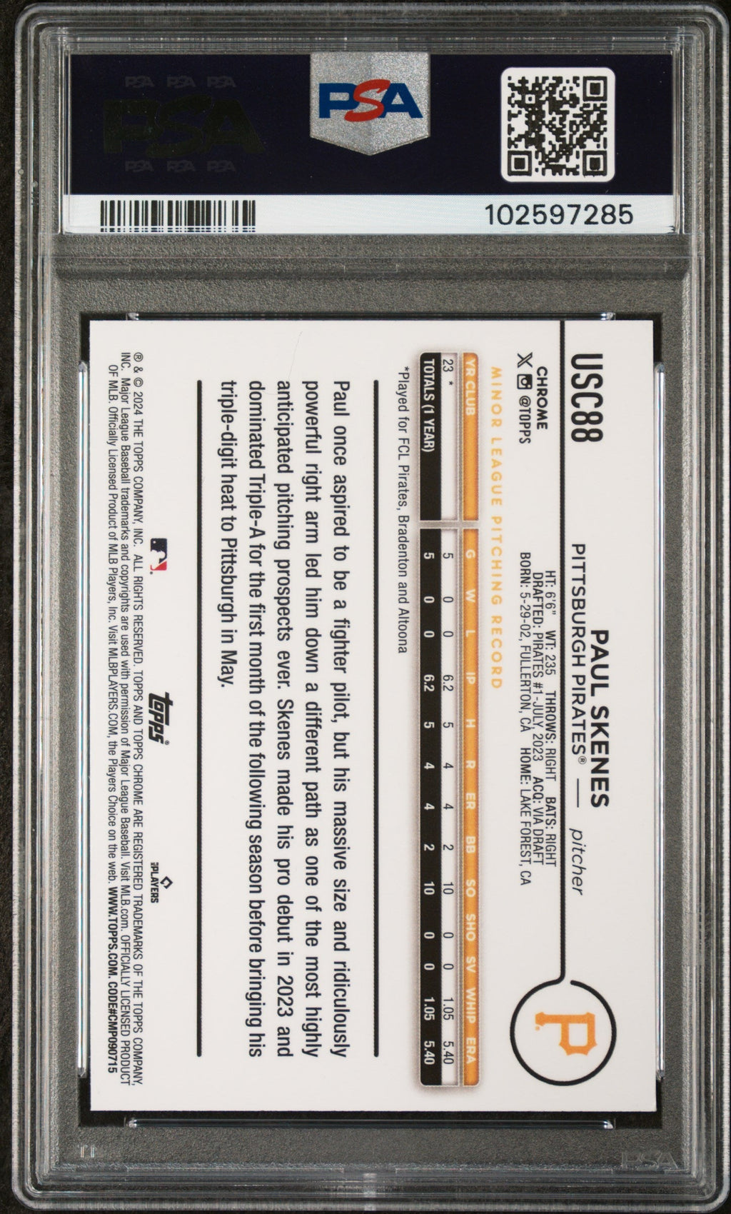 Graded 2024 Topps Chrome Update Paul Skenes #USC88 Rookie RC Baseball Card PSA 10 Gem Mint