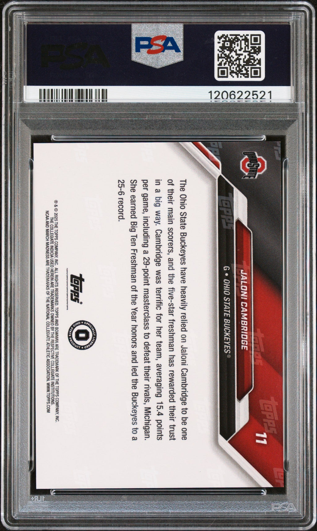 Graded 2025 Topps Bowman U Now Jaloni Cambridge #11 March Madness Black Rookie RC Basketball Card PSA 10 Gem Mint