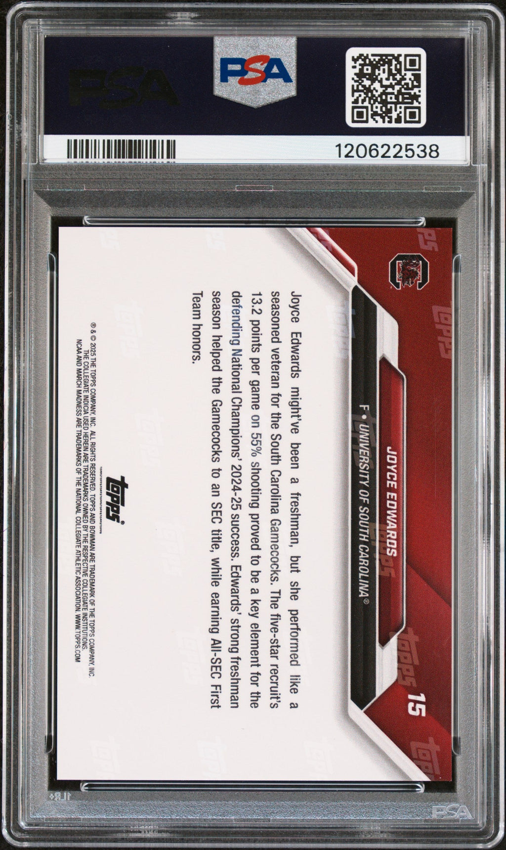 Graded 2025 Topps Bowman U Now Joyce Edwards #15 March Madness Black Rookie RC Basketball Card PSA 9 Mint