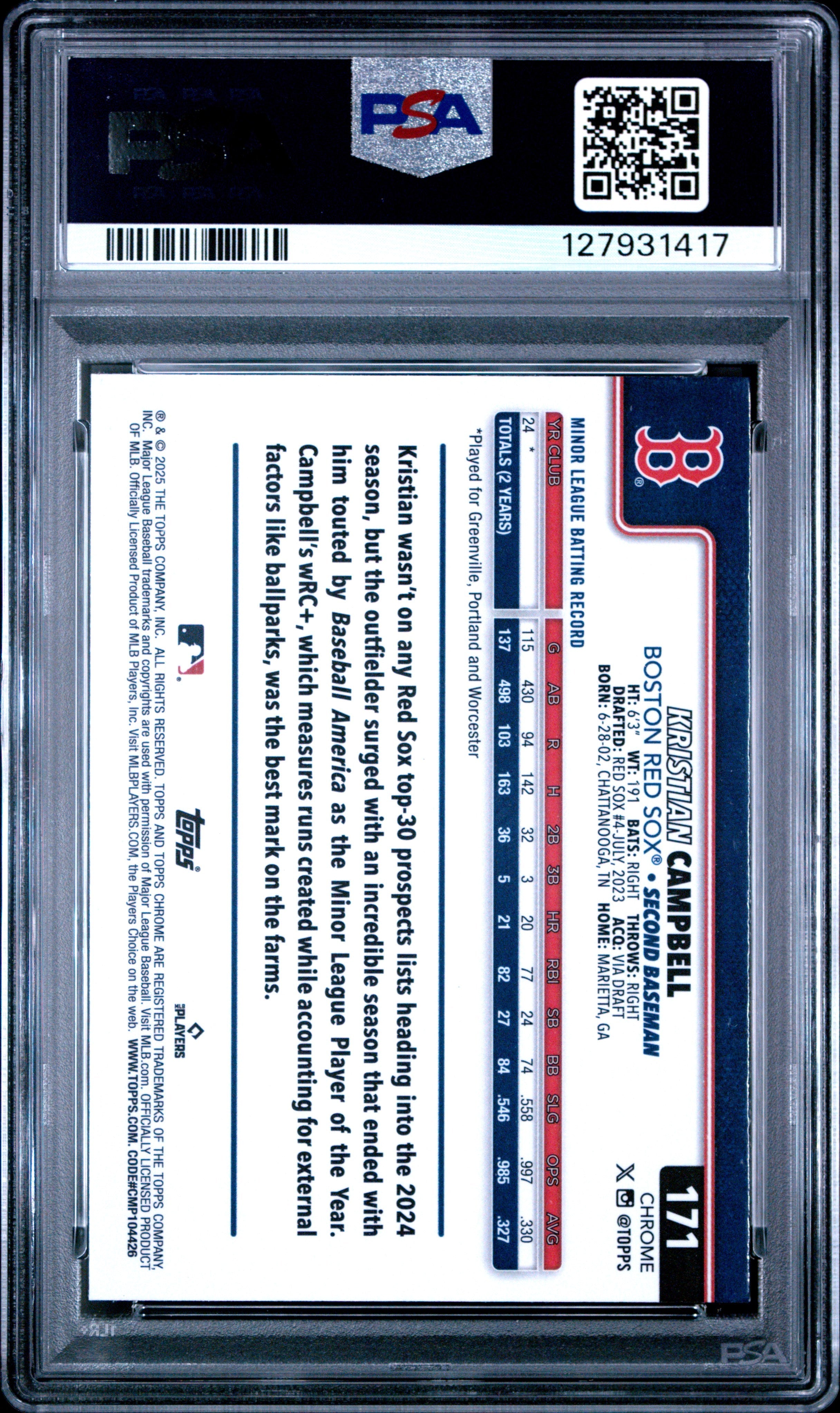 Graded 2025 Topps Chrome Kristian Campbell #171 Sepia Refractor Rookie RC Baseball Card PSA 8 Near Mint