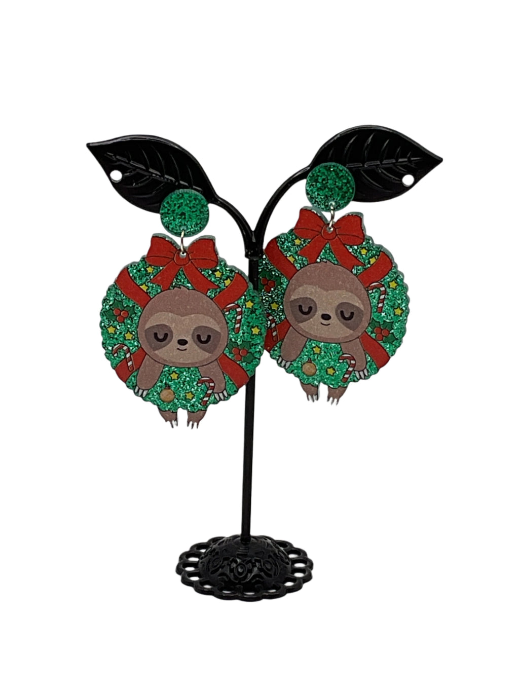 Christmas Sloth in Wreath Earrings