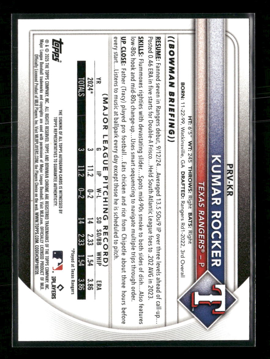2025 Bowman Rookies and Veterans Autographs Blue Kumar Rocker #/150 Auto #PRV-KR