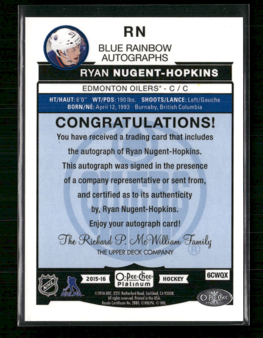 2015-16 O-Pee-Chee Platinum Blue-Rainbow-Autographs Ryan Nugent-Hopkins Auto #RN